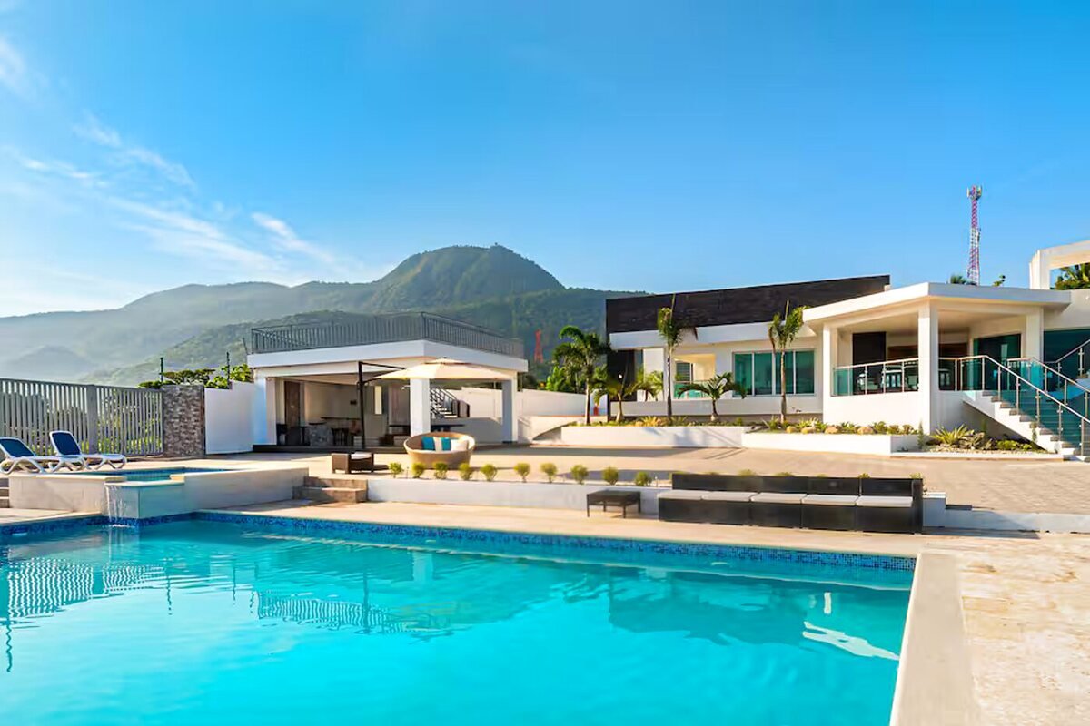 Pool deck with mountain backdrop